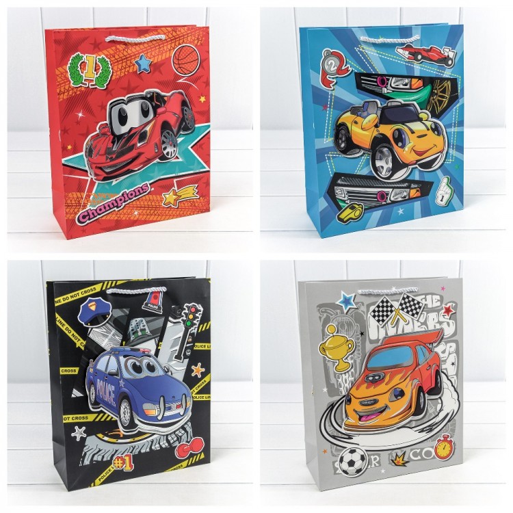 Пакет подарочный с 3D аппликацией "Машинки" (микс) 26*32*10 210г 1/20 1/240 Арт: 000253C