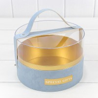 Коробка Круглая 21*14 бархатная с ручкой и прозрачной крышкой Голубой 1/16 Арт: 720102/4