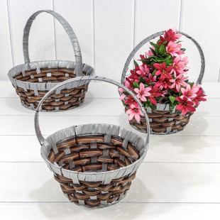 Корзины плетёные Круглые Набор 1/3 25*10/27 (±5%) из пластика с ручкой Серый/Коричневый 1/20 Арт: 420178/2117