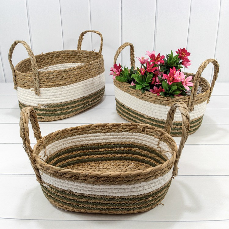 Корзины плетёные Овальные Набор 1/3 38*26*18 (±5%) из камыша с ручками (253) Натуральный 1/8 Арт: 420116/253