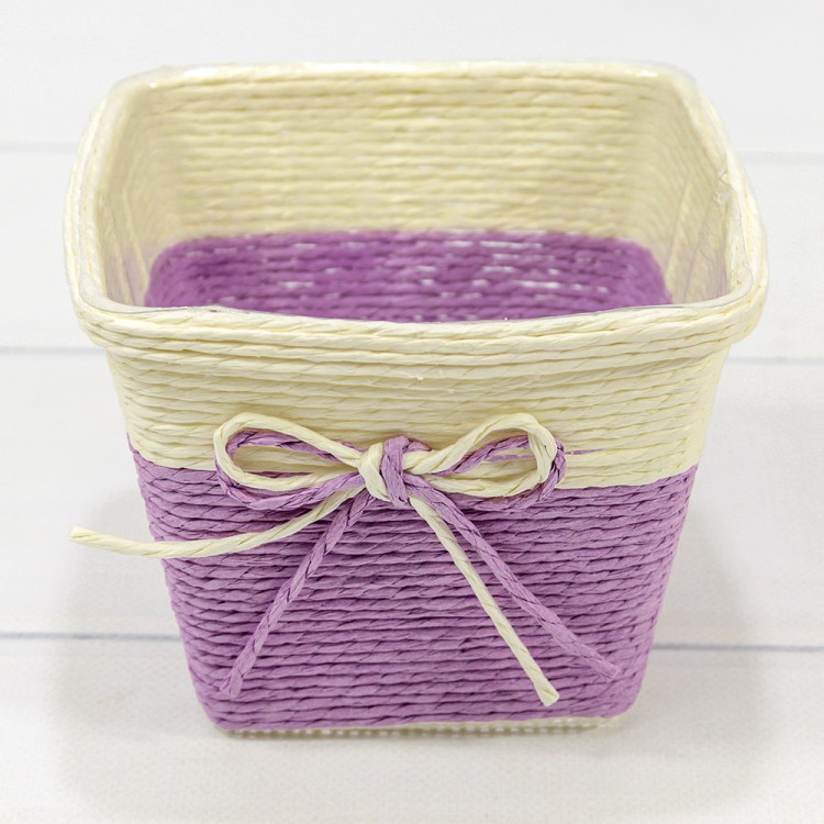 Кашпо плетёное Квадратное 13*13*10 (±5%) из бумаги с бантиком Фиолетовый 1/80 Арт: 420142/13